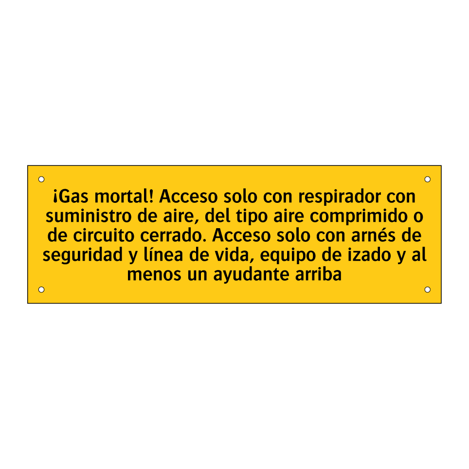 ¡Gas mortal! Acceso solo con respirador con suministro de aire, del tipo aire comprimido o de circuito cerrado. Acceso solo con arnés de seguridad y línea de vida, equipo de izado y al menos un ayudante arriba