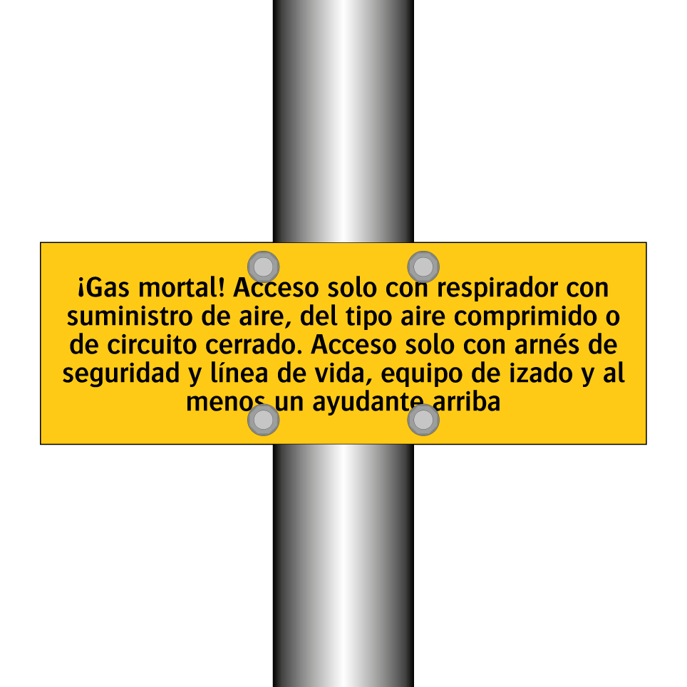 ¡Gas mortal! Acceso solo con respirador con suministro de aire, del tipo aire comprimido o de circuito cerrado. Acceso solo con arnés de seguridad y línea de vida, equipo de izado y al menos un ayudante arriba