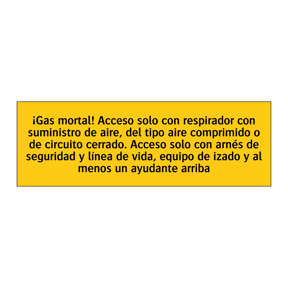 ¡Gas mortal! Acceso solo con respirador con suministro de aire, del tipo aire comprimido o de circuito cerrado. Acceso solo con arnés de seguridad y línea de vida, equipo de izado y al menos un ayudante arriba