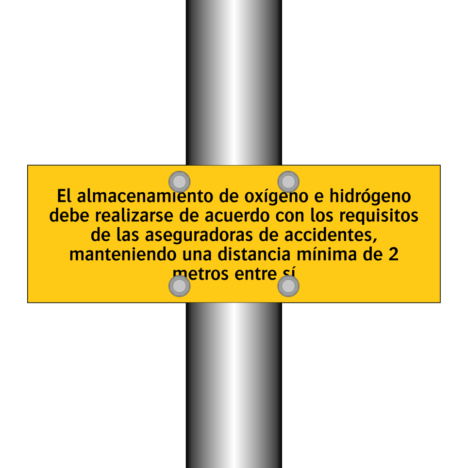 El almacenamiento de oxígeno e hidrógeno debe realizarse de acuerdo con los requisitos de las aseguradoras de accidentes, manteniendo una distancia mínima de 2 metros entre sí
