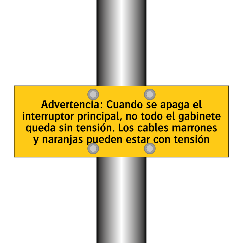 Advertencia: Cuando se apaga el interruptor principal, no todo el gabinete queda sin tensión. Los cables marrones y naranjas pueden estar con tensión