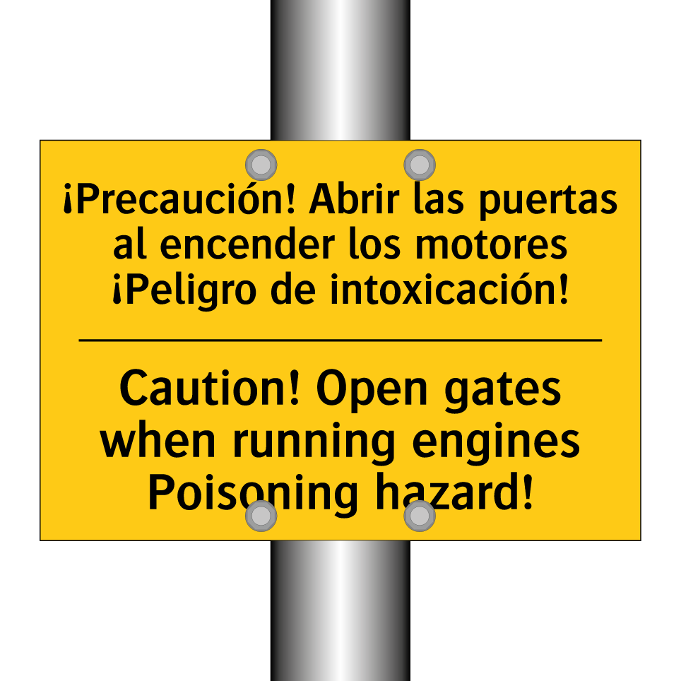 ¡Precaución! Abrir las puertas al encender los motores ¡Peligro de intoxicación! - Caution! Open gates when running engines Poisoning hazard!