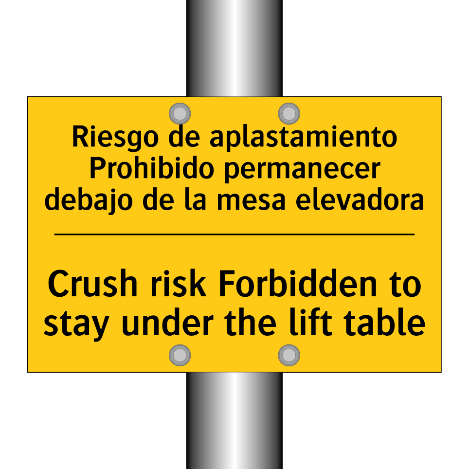 Riesgo de aplastamiento Prohibido permanecer debajo de la mesa elevadora - Crush risk Forbidden to stay under the lift table