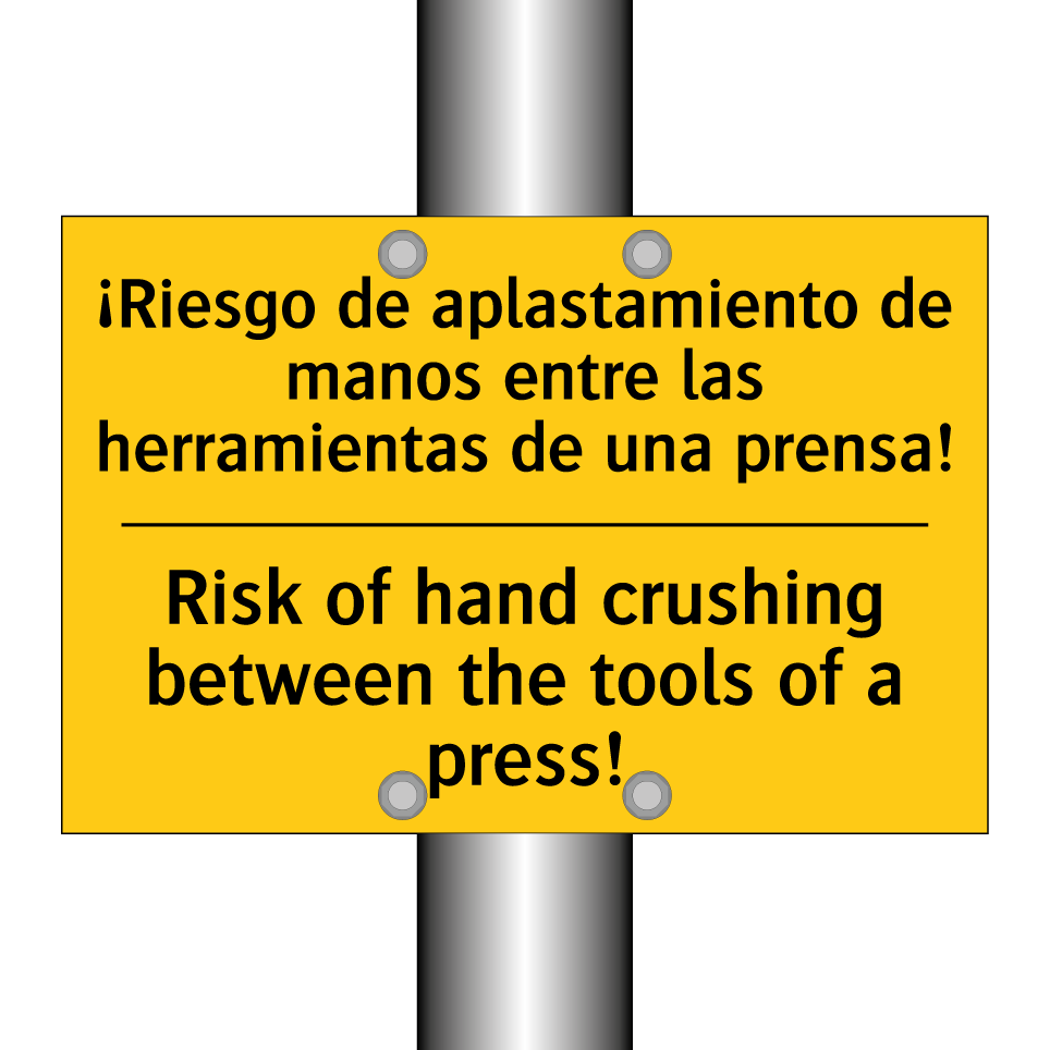 ¡Riesgo de aplastamiento de manos entre las herramientas de una prensa! - Risk of hand crushing between the tools of a press!