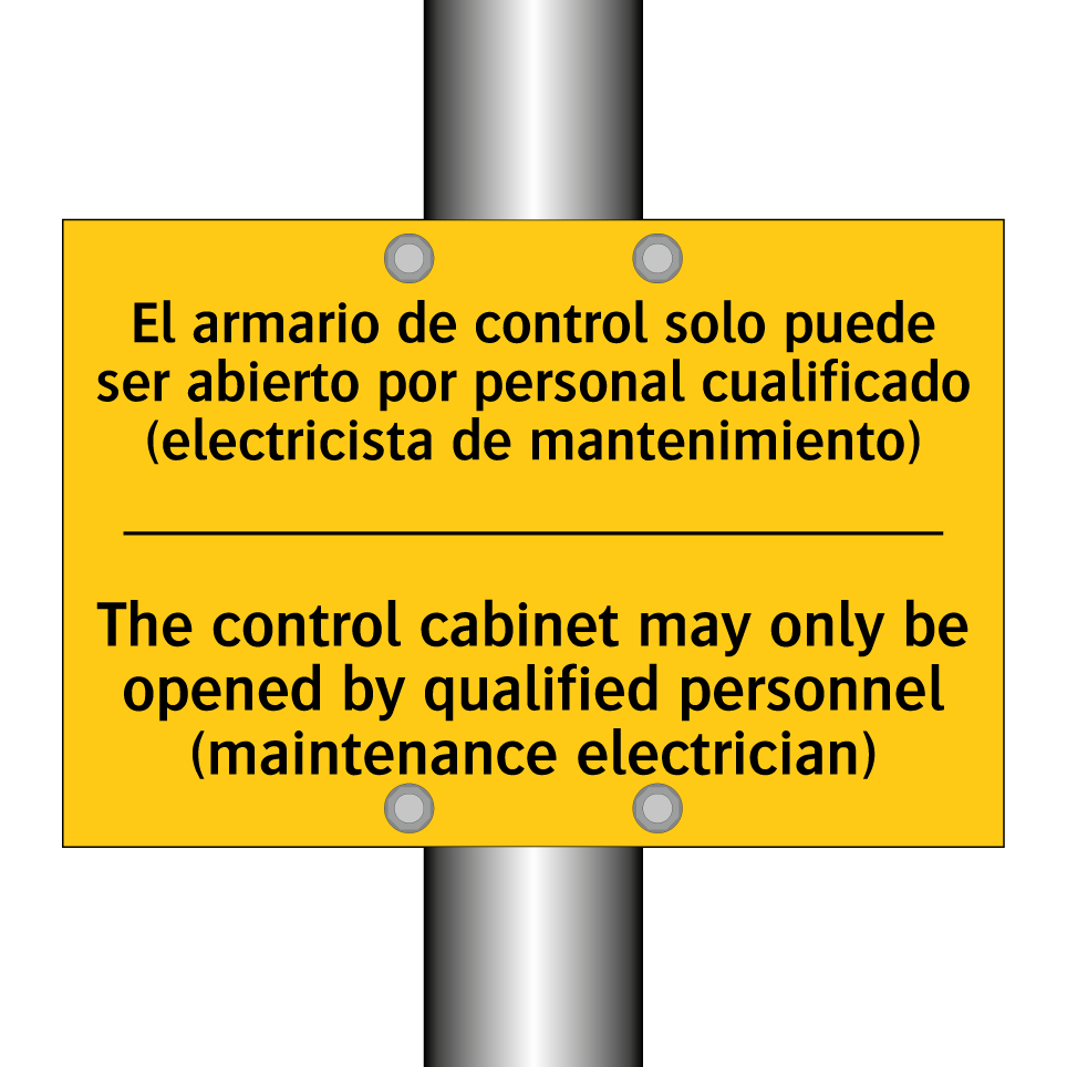 El armario de control solo puede ser abierto por personal cualificado (electricista de mantenimiento) - The control cabinet may only be opened by qualified personnel (maintenance electrician)
