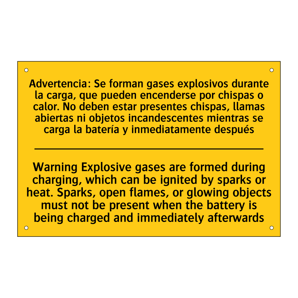 Warning Explosive gases are formed during charging, which can be ignited by sparks or heat. Sparks, open flames, or glowing objects must not be present when the battery is being charged and immediately afterwards - Warning Explosive gases a /.../