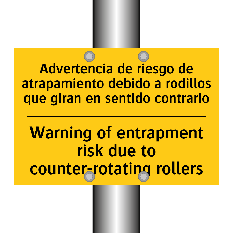 Advertencia de riesgo de atrapamiento debido a rodillos que giran en sentido contrario - Warning of entrapment risk due to counter-rotating rollers