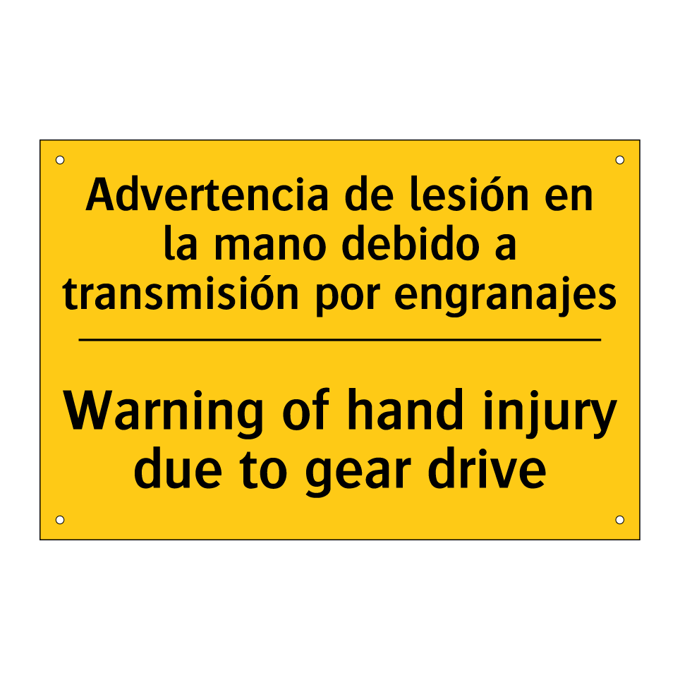 Advertencia de lesión en la mano debido a transmisión por engranajes - Warning of hand injury due to gear drive