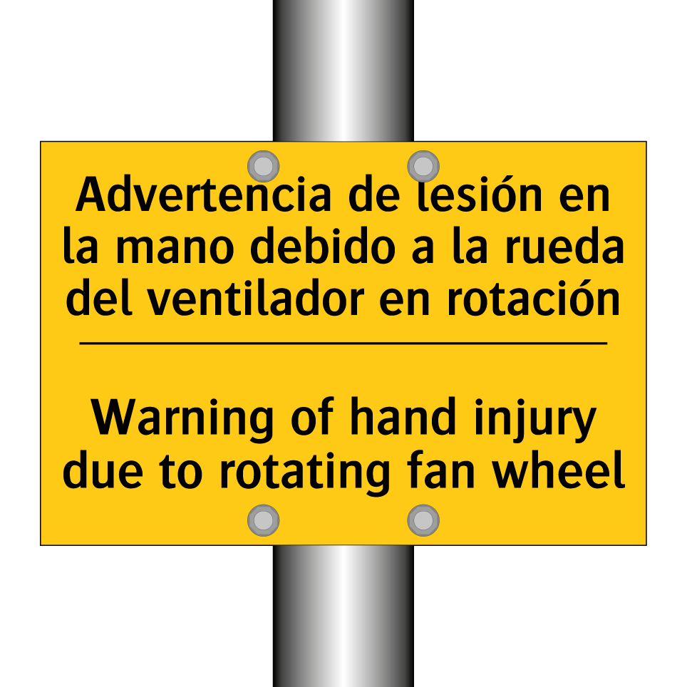 Advertencia de lesión en la mano debido a la rueda del ventilador en rotación - Warning of hand injury due to rotating fan wheel