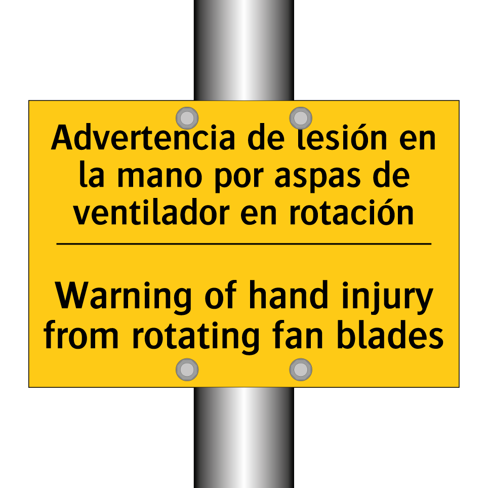 Advertencia de lesión en la mano por aspas de ventilador en rotación - Warning of hand injury from rotating fan blades