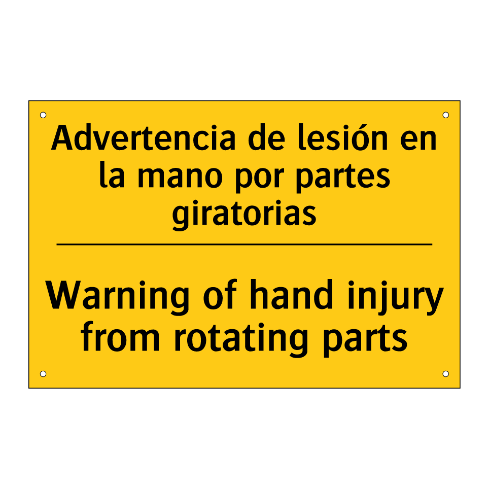 Advertencia de lesión en la mano por partes giratorias - Warning of hand injury from rotating parts