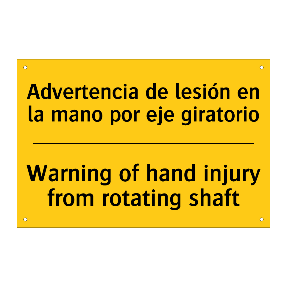 Advertencia de lesión en la mano por eje giratorio - Warning of hand injury from rotating shaft