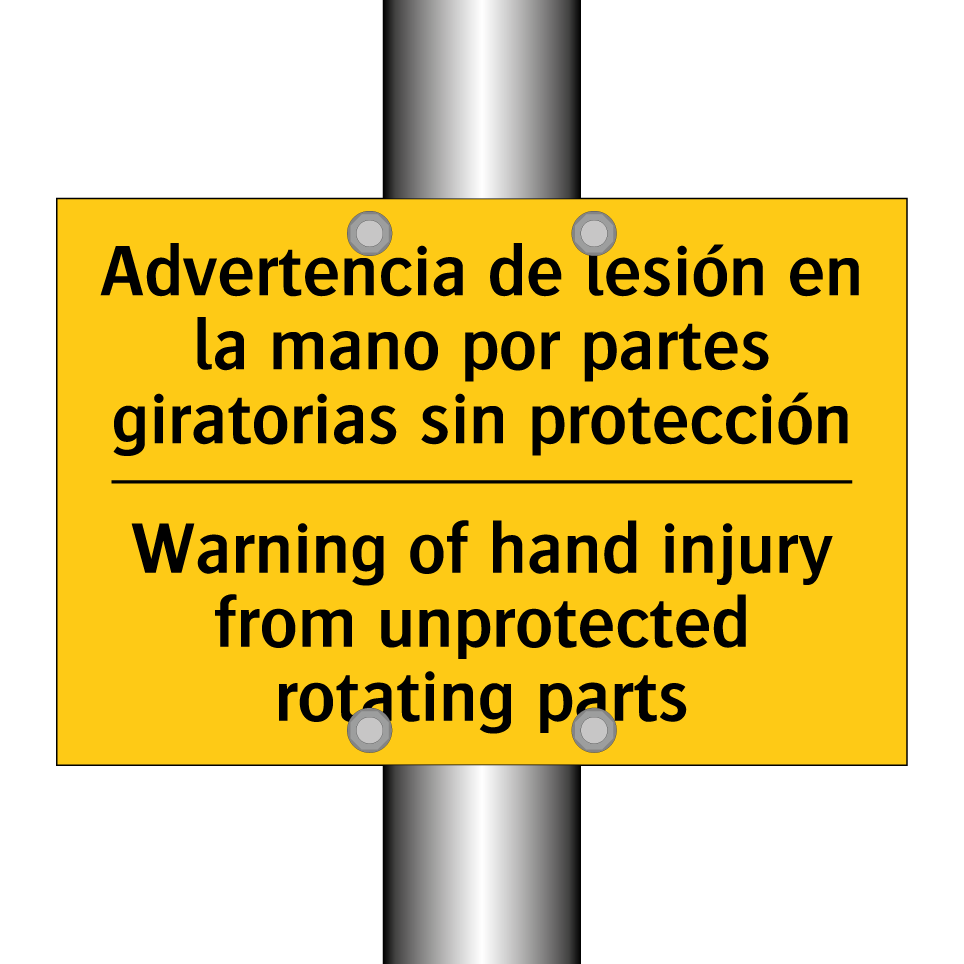 Advertencia de lesión en la mano por partes giratorias sin protección - Warning of hand injury from unprotected rotating parts