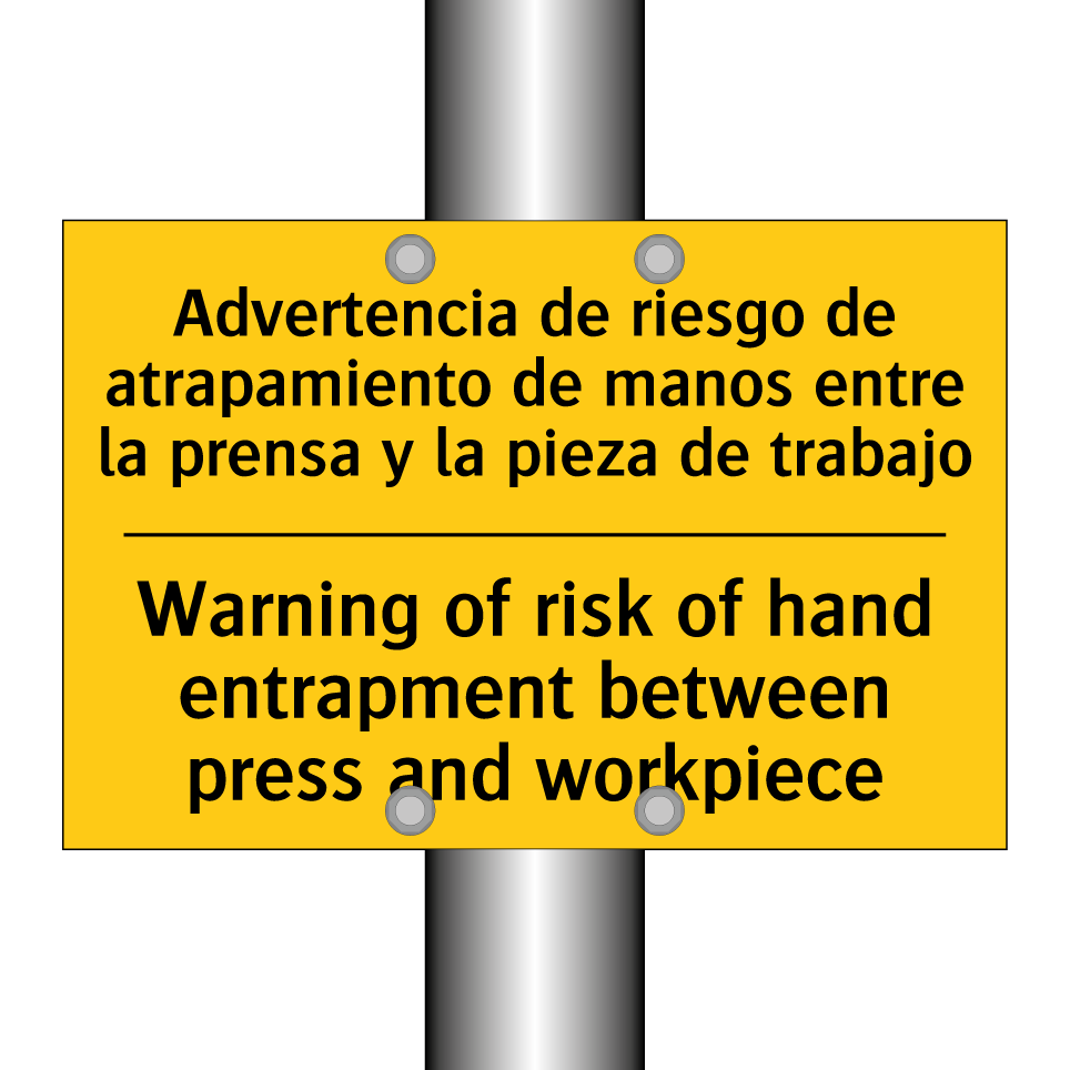 Advertencia de riesgo de atrapamiento de manos entre la prensa y la pieza de trabajo - Warning of risk of hand entrapment between press and workpiece