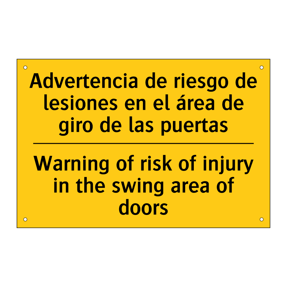Advertencia de riesgo de lesiones en el área de giro de las puertas - Warning of risk of injury in the swing area of doors