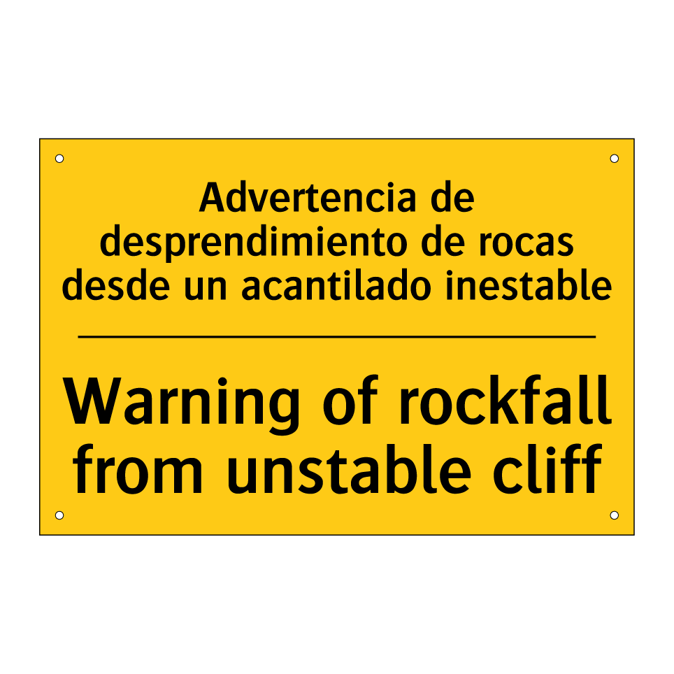 Advertencia de desprendimiento de rocas desde un acantilado inestable - Warning of rockfall from unstable cliff