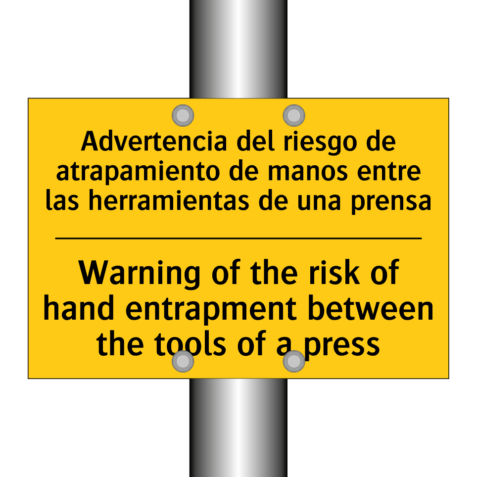 Advertencia del riesgo de atrapamiento de manos entre las herramientas de una prensa - Warning of the risk of hand entrapment between the tools of a press
