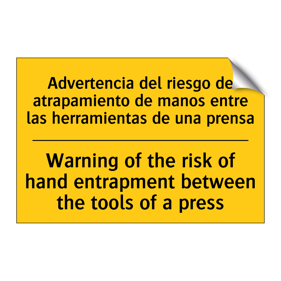 Advertencia del riesgo de atrapamiento de manos entre las herramientas de una prensa - Warning of the risk of hand entrapment between the tools of a press