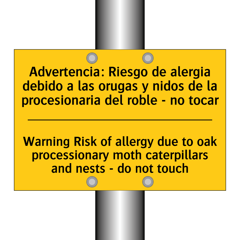 Advertencia: Riesgo de alergia debido a las orugas y nidos de la procesionaria del roble - no tocar - Warning Risk of allergy due to oak processionary moth caterpillars and nests - do not touch