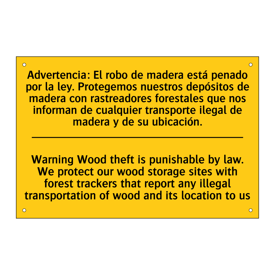 Warning Wood theft is punishable by law. We protect our wood storage sites with forest trackers that report any illegal transportation of wood and its location to us - Warning Wood theft is punishable by law. We protect our wood storage sit /.../