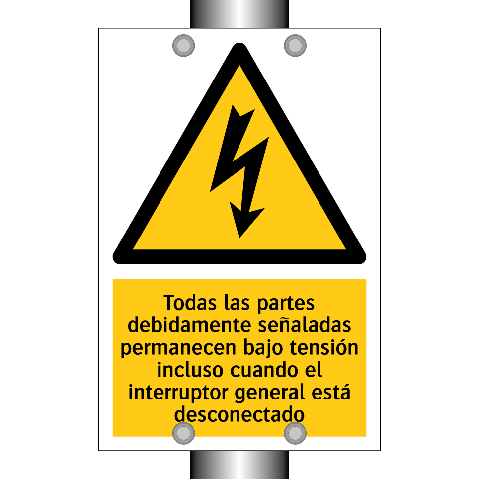 Todas las partes debidamente señaladas permanecen bajo tensión incluso cuando el interruptor general está desconectado