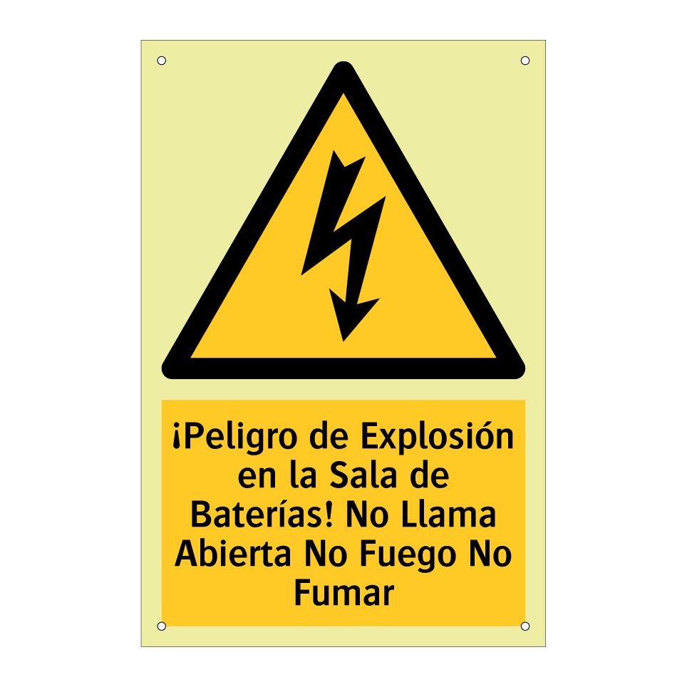 ¡Peligro de Explosión en la Sala de Baterías! No Llama Abierta No Fuego No Fumar