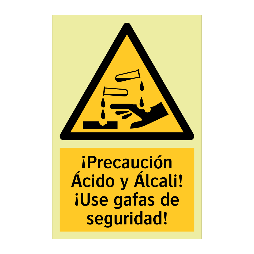 ¡Precaución Ácido y Álcali! ¡Use gafas de seguridad!