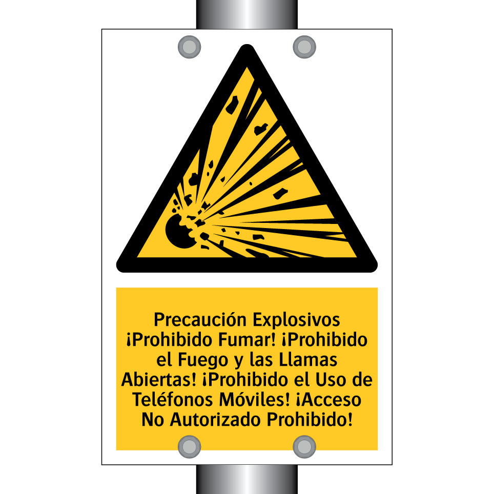 Precaución Explosivos ¡Prohibido Fumar! ¡Prohibido el Fuego y las Llamas Abiertas! ¡Prohibido el Uso de Teléfonos Móviles! ¡Acceso No Autorizado Prohibido!