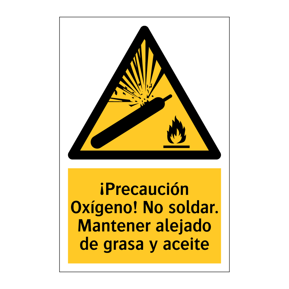 ¡Precaución Oxígeno! No soldar. Mantener alejado de grasa y aceite