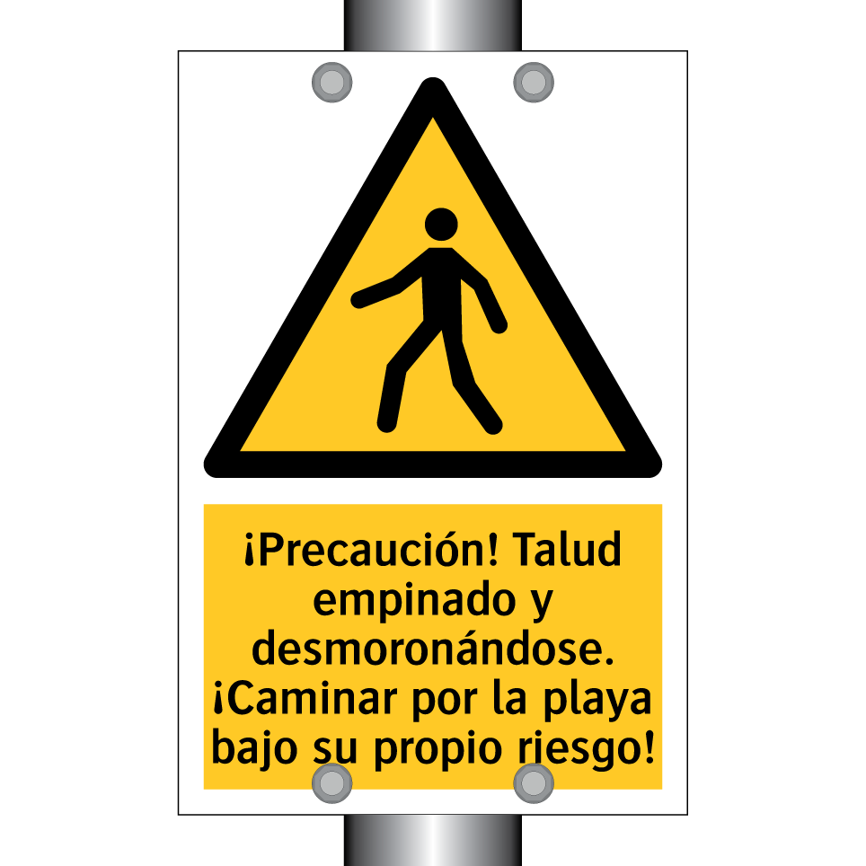 ¡Precaución! Talud empinado y desmoronándose. ¡Caminar por la playa bajo su propio riesgo!