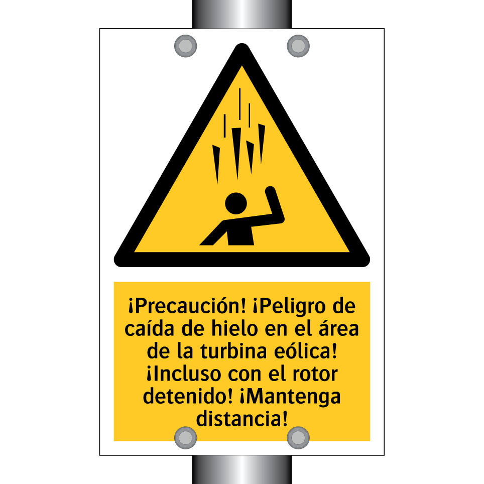 ¡Precaución! ¡Peligro de caída de hielo en el área de la turbina eólica! ¡Incluso con el rotor detenido! ¡Mantenga distancia!