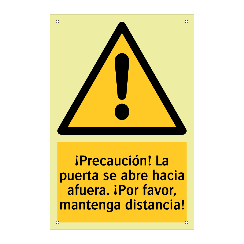 ¡Precaución! La puerta se abre hacia afuera. ¡Por favor, mantenga distancia!