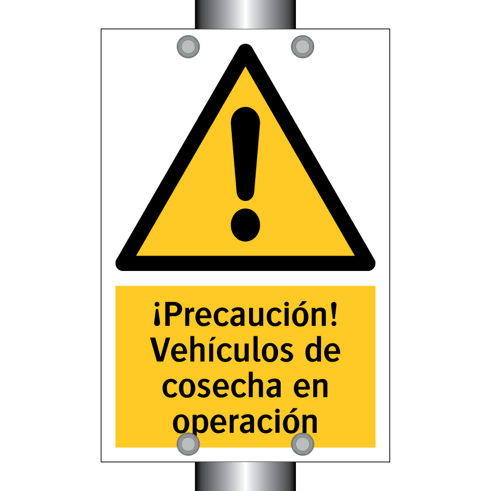 ¡Precaución! Vehículos de cosecha en operación