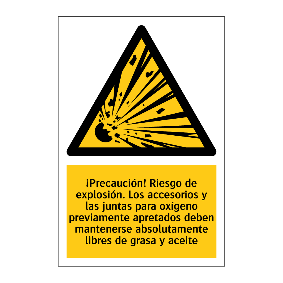 ¡Precaución! Riesgo de explosión. Los accesorios y las juntas para oxígeno previamente apretados deben mantenerse absolutamente libres de grasa y aceite