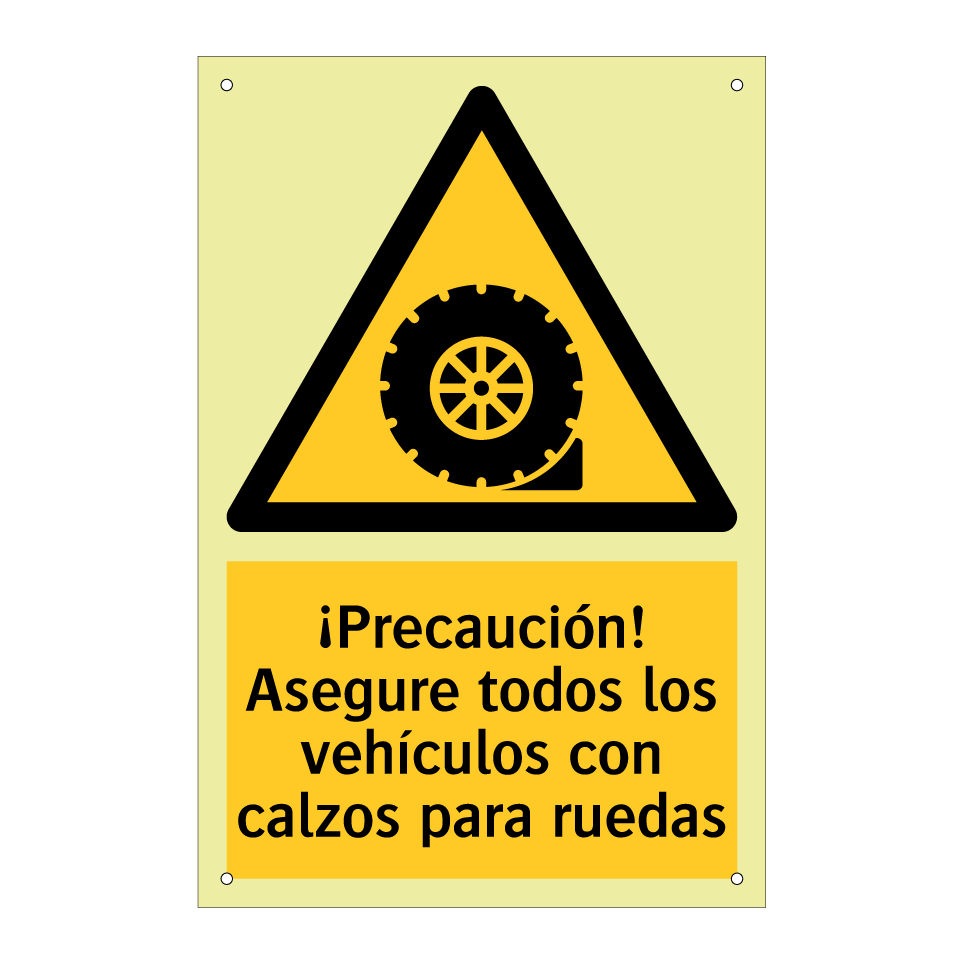 ¡Precaución! Asegure todos los vehículos con calzos para ruedas