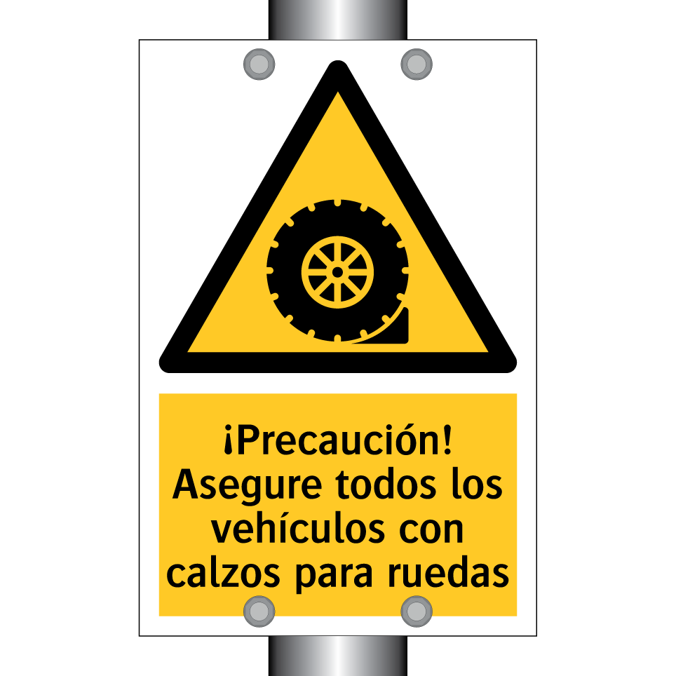 ¡Precaución! Asegure todos los vehículos con calzos para ruedas