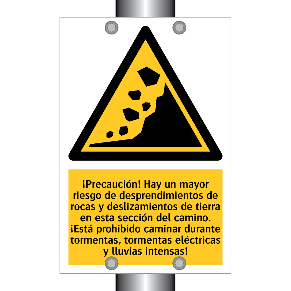 ¡Precaución! Hay un mayor riesgo de desprendimientos de rocas y deslizamientos de tierra en esta sección del camino. ¡Está prohibido caminar durante tormentas, tormentas eléctricas y lluvias intensas!
