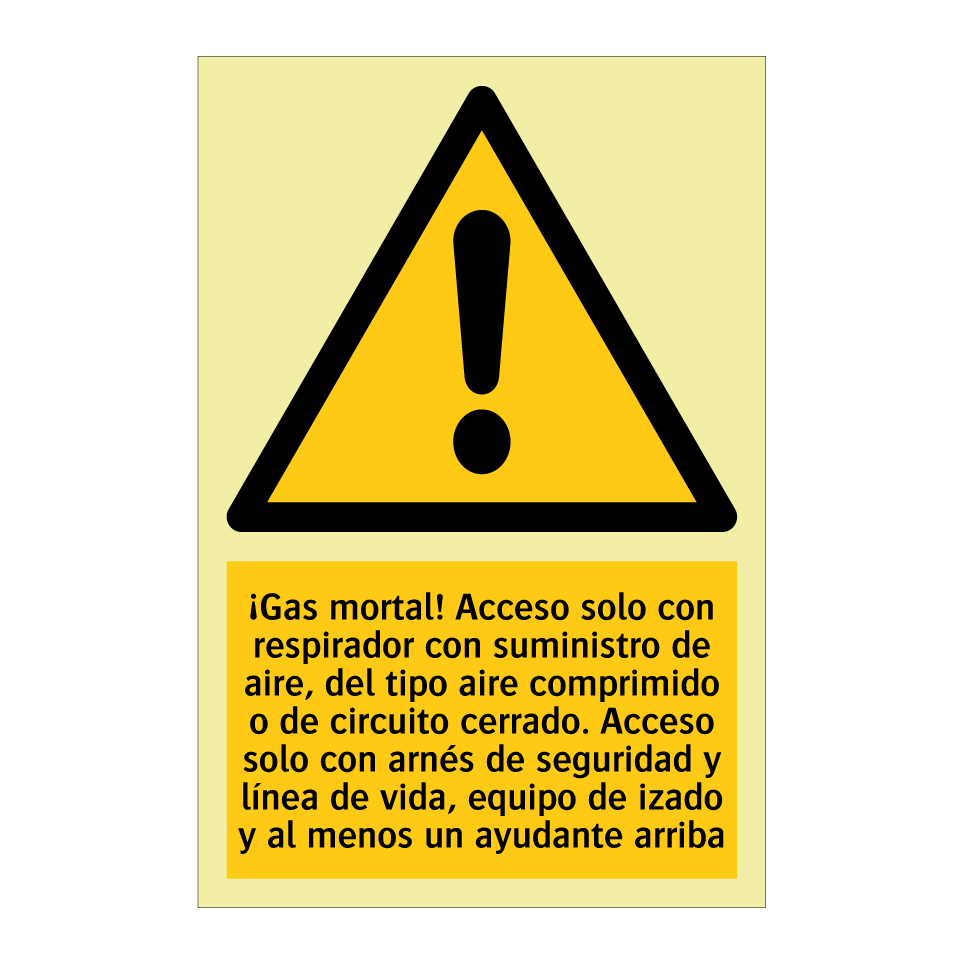 ¡Gas mortal! Acceso solo con respirador con suministro de aire, del tipo aire comprimido o de circuito cerrado. Acceso solo con arnés de seguridad y línea de vida, equipo de izado y al menos un ayudante arriba