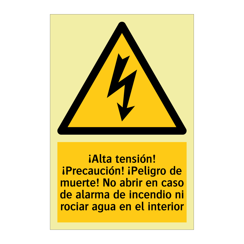 ¡Alta tensión! ¡Precaución! ¡Peligro de muerte! No abrir en caso de alarma de incendio ni rociar agua en el interior