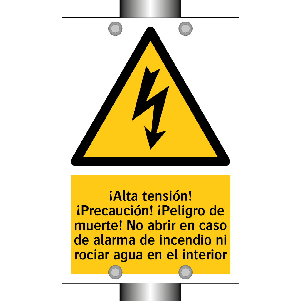¡Alta tensión! ¡Precaución! ¡Peligro de muerte! No abrir en caso de alarma de incendio ni rociar agua en el interior