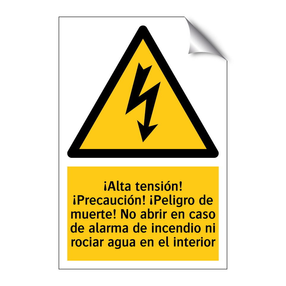 ¡Alta tensión! ¡Precaución! ¡Peligro de muerte! No abrir en caso de alarma de incendio ni rociar agua en el interior