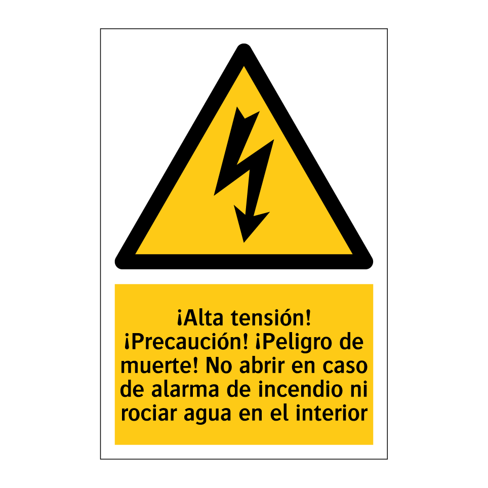 ¡Alta tensión! ¡Precaución! ¡Peligro de muerte! No abrir en caso de alarma de incendio ni rociar agua en el interior