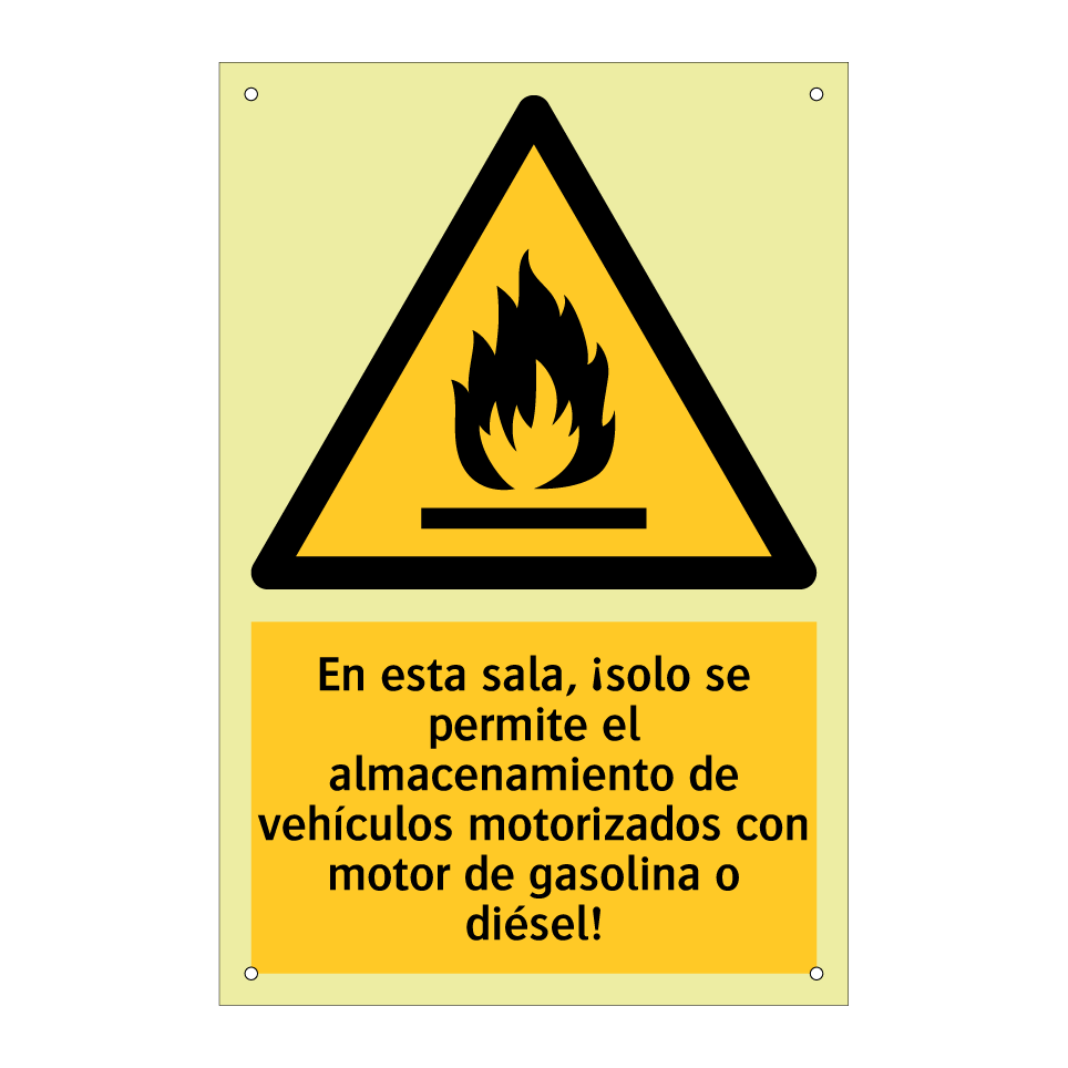 En esta sala, ¡solo se permite el almacenamiento de vehículos motorizados con motor de gasolina o diésel!
