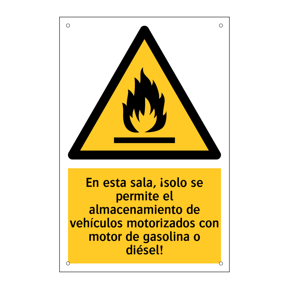 En esta sala, ¡solo se permite el almacenamiento de vehículos motorizados con motor de gasolina o diésel!