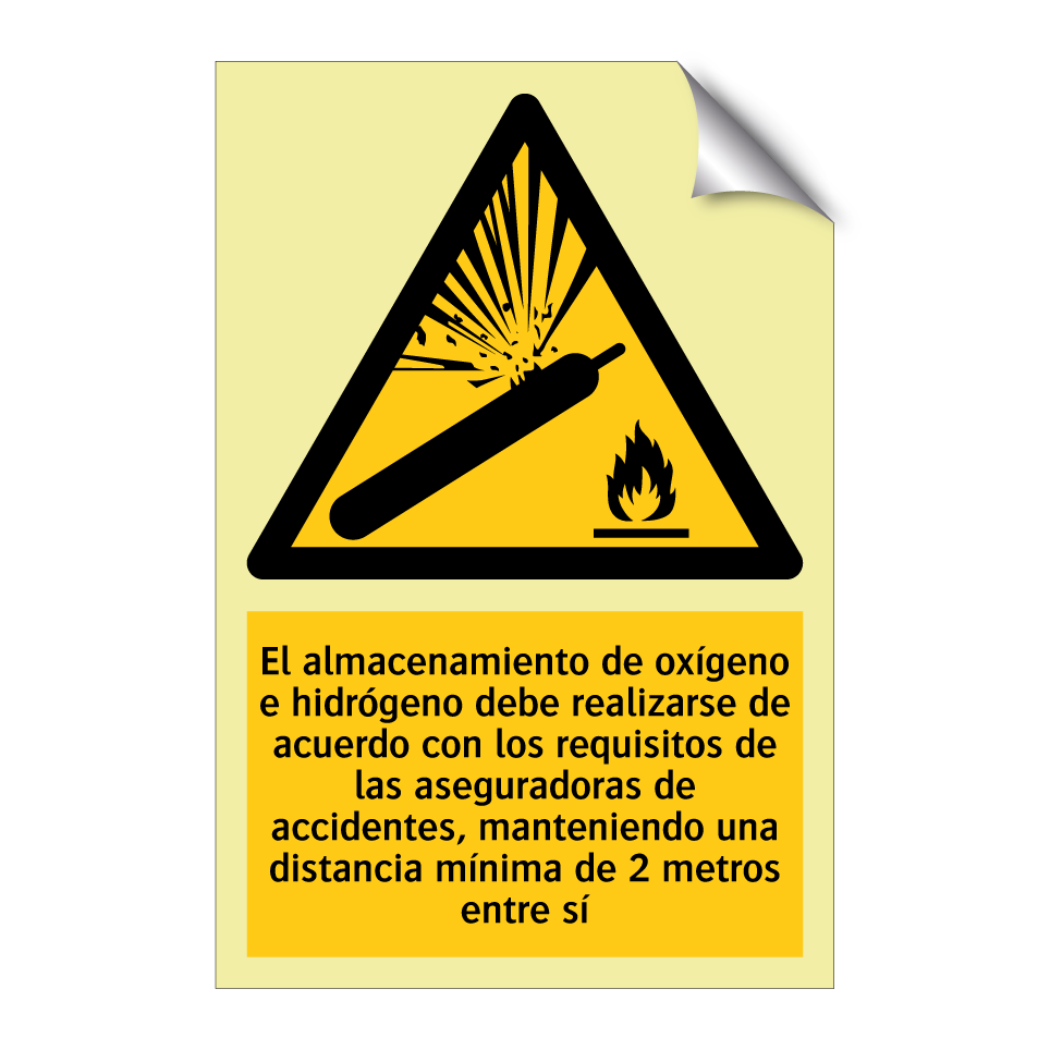 El almacenamiento de oxígeno e hidrógeno debe realizarse de acuerdo con los requisitos de las aseguradoras de accidentes, manteniendo una distancia mínima de 2 metros entre sí