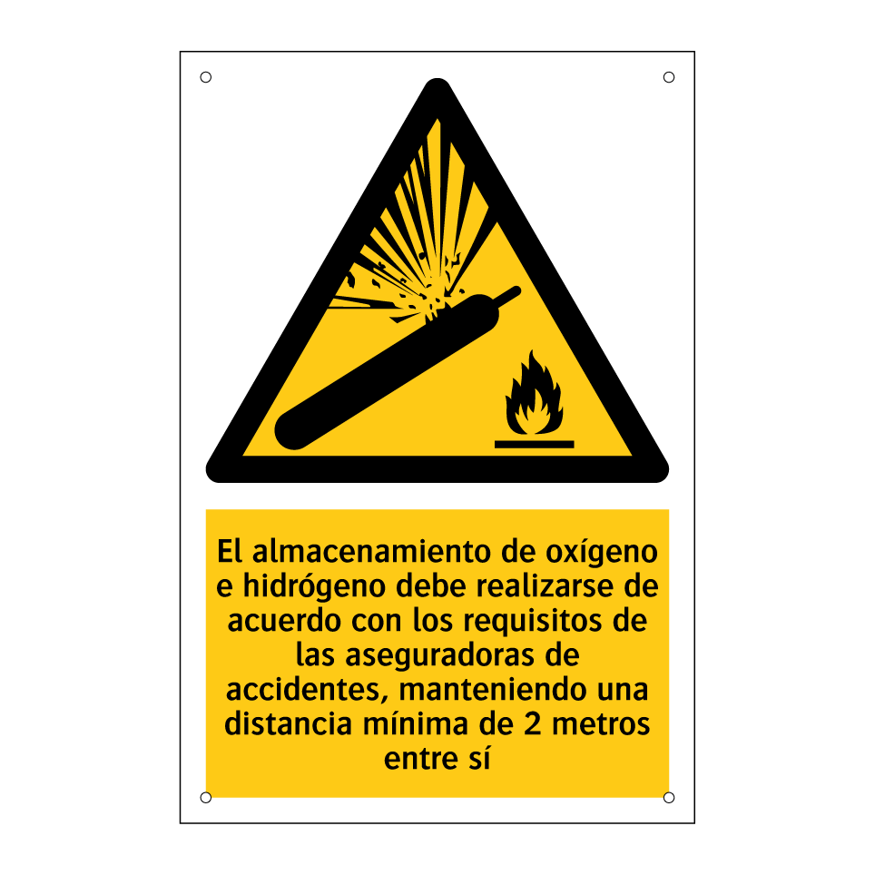 El almacenamiento de oxígeno e hidrógeno debe realizarse de acuerdo con los requisitos de las aseguradoras de accidentes, manteniendo una distancia mínima de 2 metros entre sí