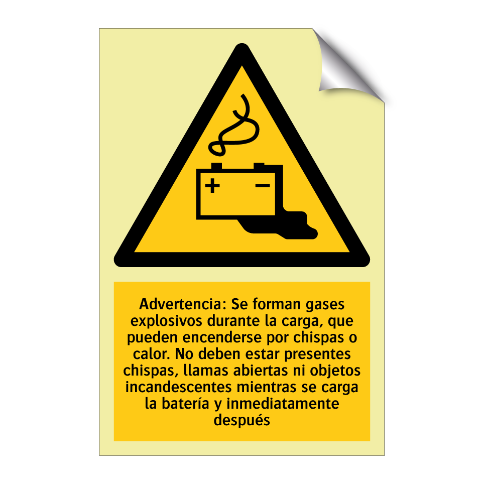 Advertencia: Se forman gases explosivos durante la carga, que pueden encenderse por chispas o calor. No deben estar presentes chispas, llamas abiertas ni objetos incandescentes mientras se carga la batería y inmediatamente después
