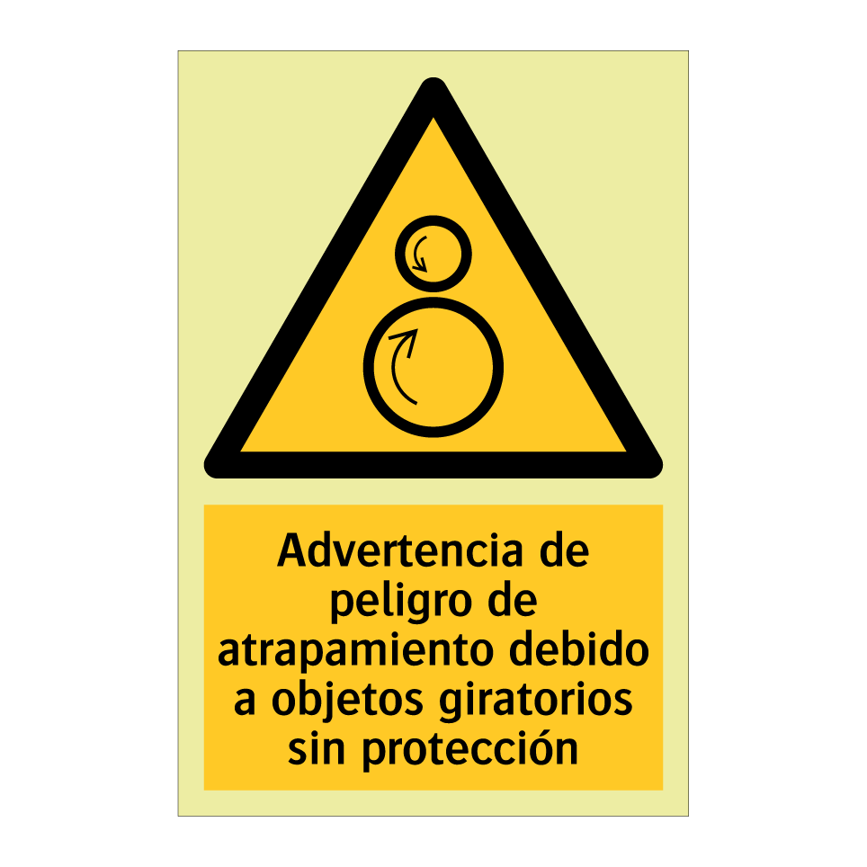 Advertencia de peligro de atrapamiento debido a objetos giratorios sin protección