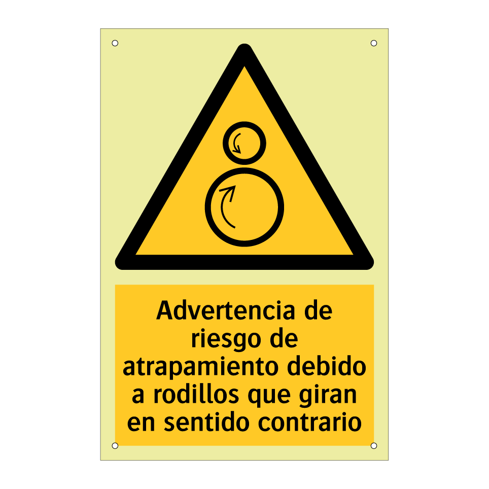 Advertencia de riesgo de atrapamiento debido a rodillos que giran en sentido contrario
