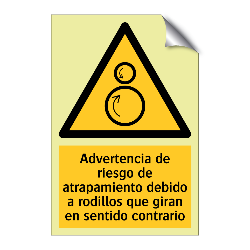 Advertencia de riesgo de atrapamiento debido a rodillos que giran en sentido contrario